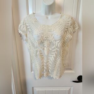 Say What | Size M | Lace Mesh Embroidered Sheer Short Sleeve Top in Eggshell